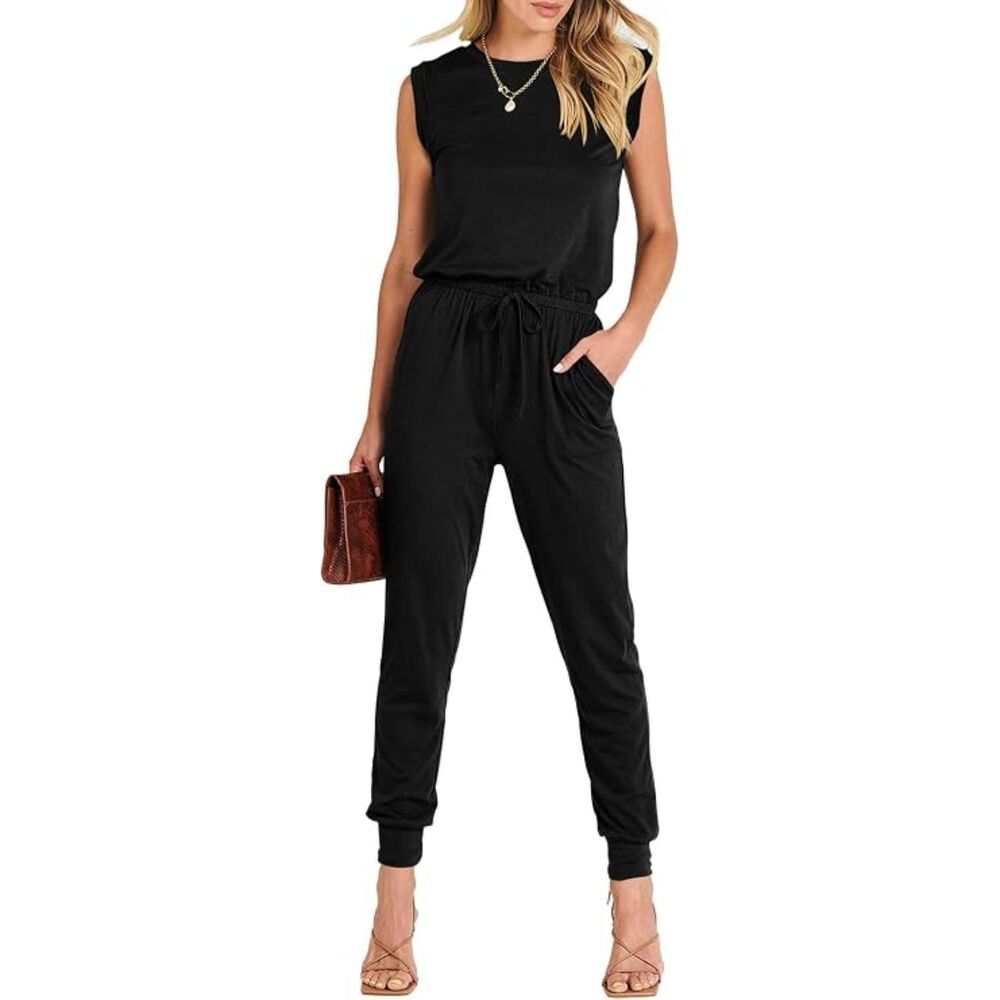 ANRABESS Black Sleeveless Jumpsuit Stretchy Crewneck Wide Leg Romper Casual S